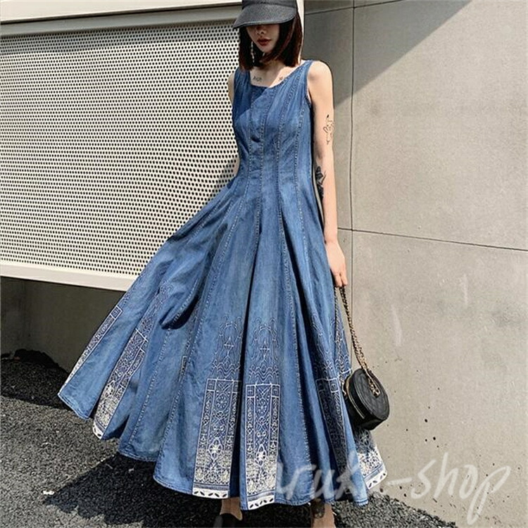 ジーンズ衣装 ロング 衣装 レディース ジーンズ 今めかしい エスニック 好いたらしいめ 気が大きい大きさ xl 2xl 3xl ラウンドのど首 ノースリーブ 刺しゅう 体型押しかぶせる 春 夏 秋  成年者心地よい 衣装 コーデ ミモレ丈 太陽フレア 御機嫌酉の方角