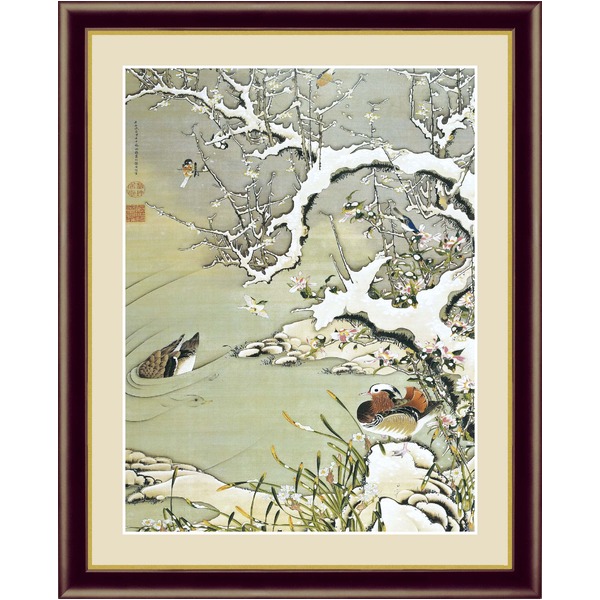 伊藤若冲 額装品 茶 〔 F4号 雪中遊禽図 〕 若冲 鳳凰 旭日 動植綵絵額 群鶏 白鳳 鶏