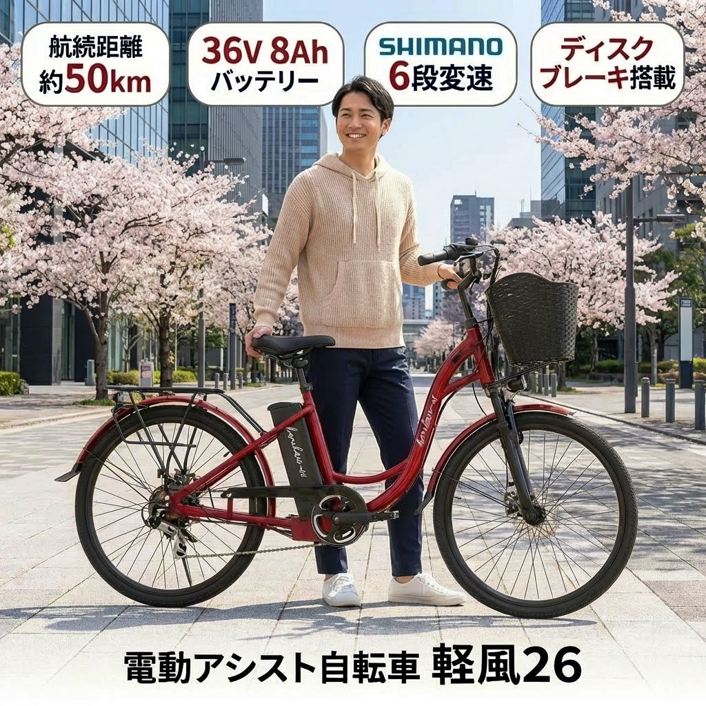 ポイント5倍増 電動アシスト自転車 軽風26 前後ディスクブレーキ装着 前カゴ付 26インチ 軽車両 ヨーロピアンキャリー(荷台)装備