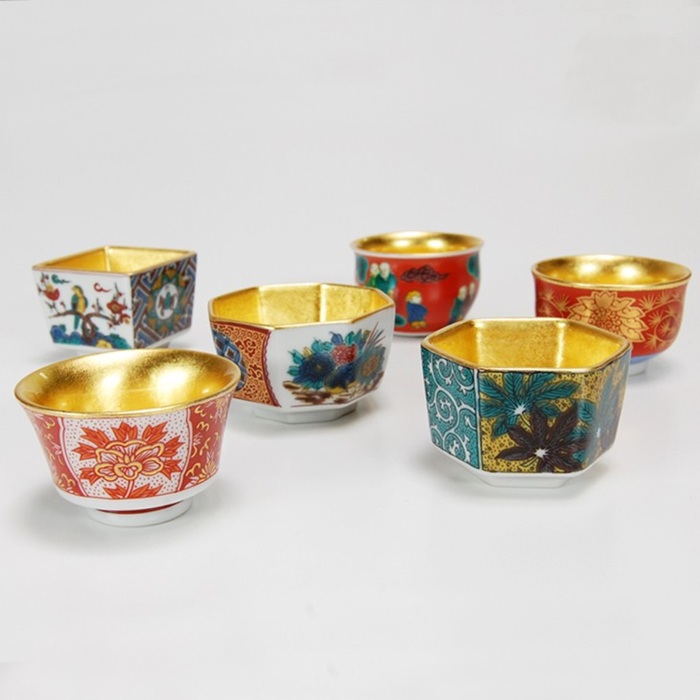 箔一 金箔 九谷焼(古九谷盃|木米盃|八郎盃|永楽盃|庄三盃|吉田屋盃) 6種セット 磁器 ぐい呑 おちょこ 日本製 海外ギフト