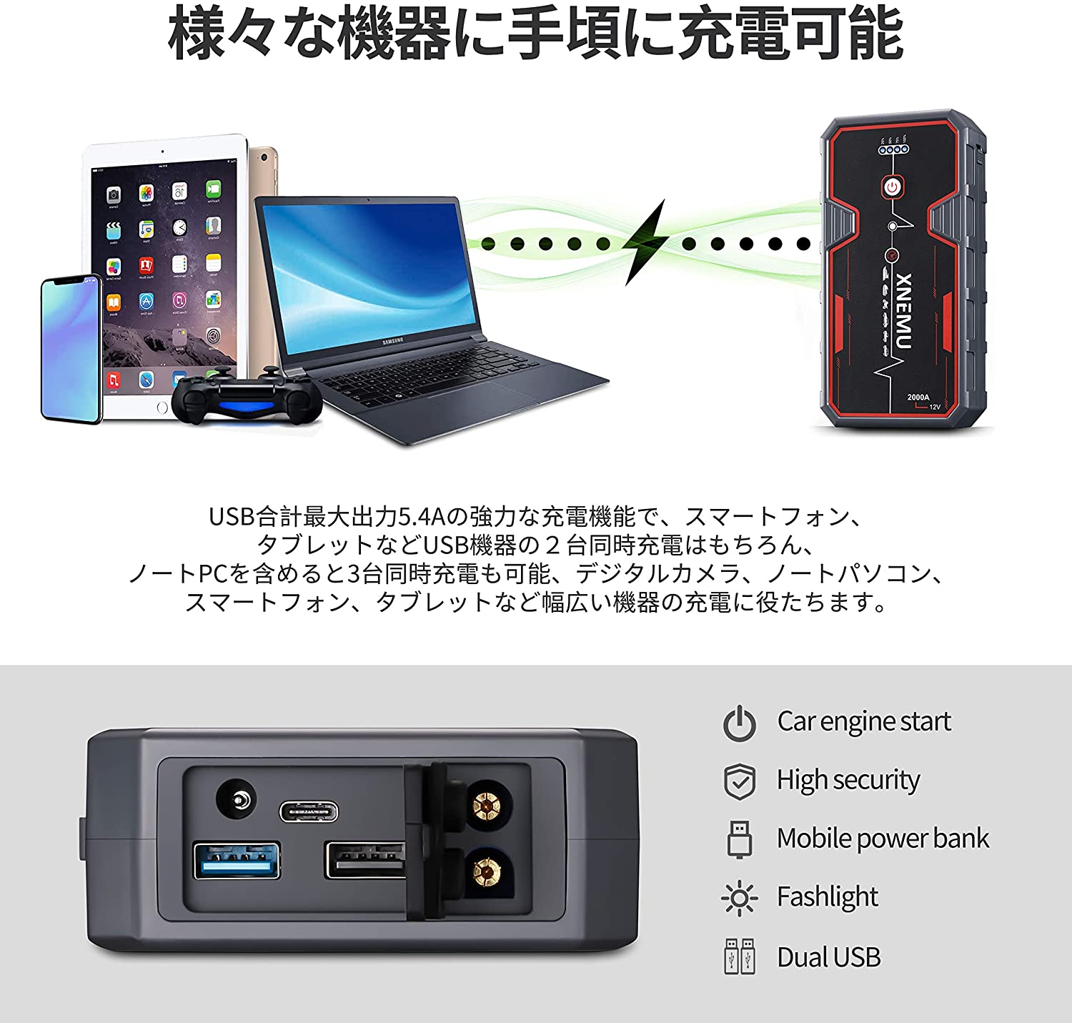 車用ジャンプスターター モバイルバッテリー ポータブル電源 00a 12v 000mah 74wh 大容量 ポータブル充電器 ポート搭載 モバイルバッテリー 防災グッズ スマホ急速充電 小型軽量 Led応急ライト搭載 Ipx5防水 Pse承認済み Clinicalaspalmeras Com