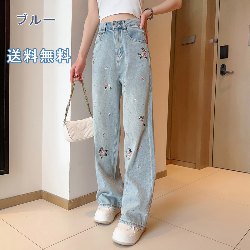 デザインパンツ デニム ジーパン レース 花柄 シアー ワイド セール】花柄レース付きワイドデニムパンツ（デニムパンツ
