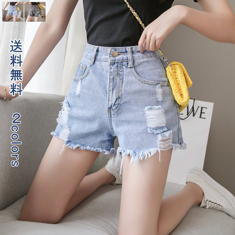グレー デニムショートパンツ 調整可能ウエスト セール】【ウエスト調整可・コットン100％】フリンジデニム