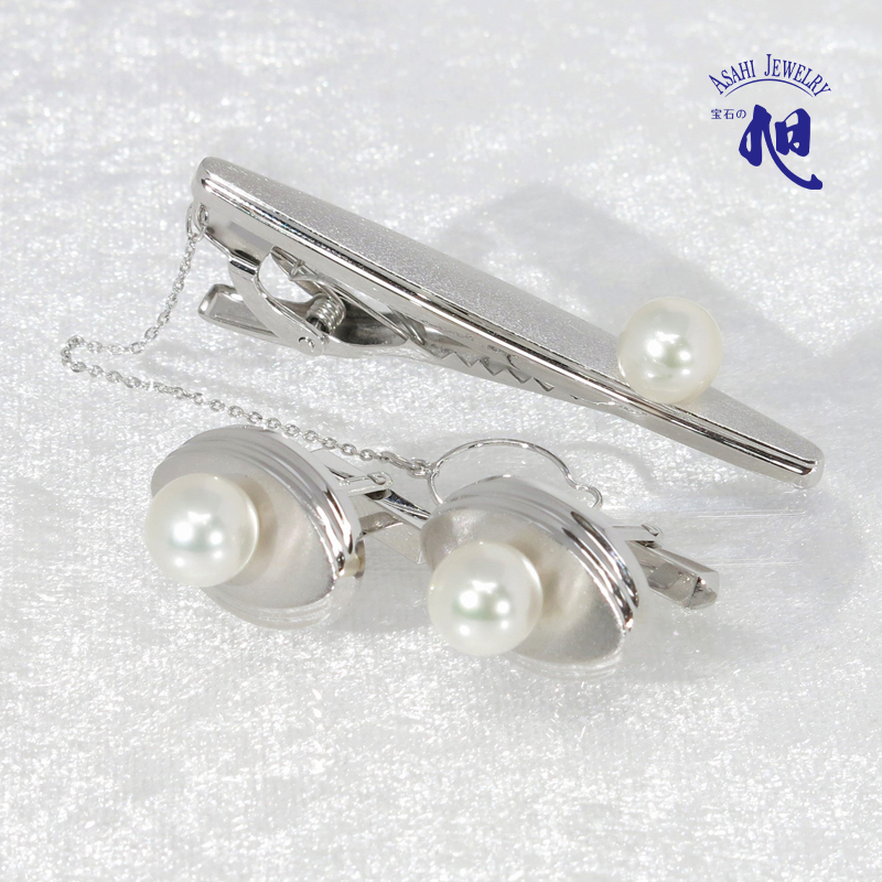 宅送] カフス ネクタイピン タイピン タイバー クリップ式 K14WG あこや真珠 セット14金 WHITE GOLD CUFFS NECKTIE  PIN SET メンズ 男性用 ギフト プレゼント 贈り物 誕生日 スーツスタイル カジュアル 高品質 送料無料 無料ラッピング 品質保証書付き  旭ジュエリー 帝国 ...