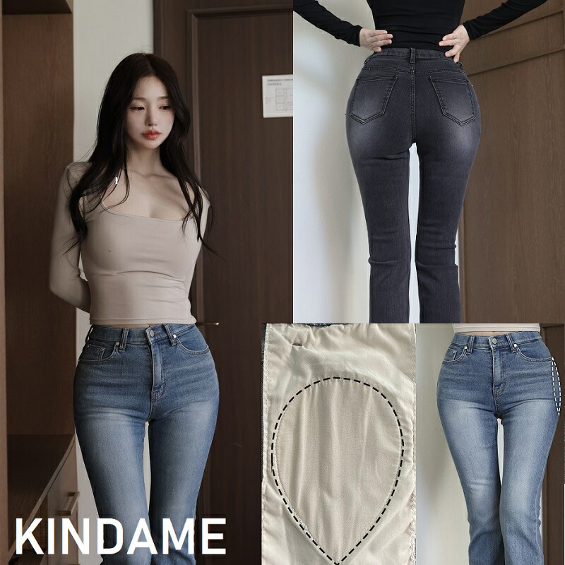 KINDAME (カインダメ) Pelvic Volume-Up High-Waisted Semi-Bootcut 5Color カインダメ 骨盤ボリュームアップ ハイウエスト セミブーツカット 骨盤パッド付ジーンズ 5カラー 韓国ファッション 人気 完売必須 ボトムス デニム 美脚パンツ 骨盤矯正デザイン レディース