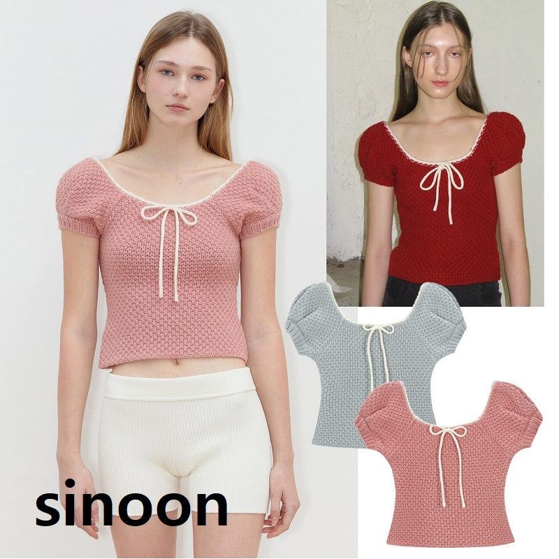 【sinoon（シヌーン）】PUFF HALF KNIT TOP 4COLOR［LE SSERAFIM ホン・ウンチェ着用］韓国人気 レディース カジュアル おしゃれ シンプル トレンド半袖ニット