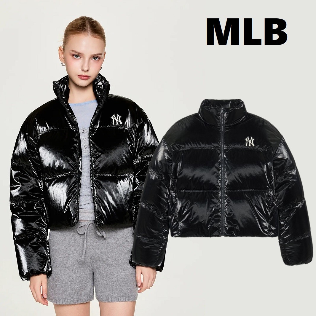 MLB（エムエルビー） Women's Crop Glossy Curve Padding NY (Black) レディース クロップ 光沢 カーブパディング ダウンジャケット ブラック 韓国ファッション 限定品 人気 完売必須 ショート丈 アウター ユニセックス