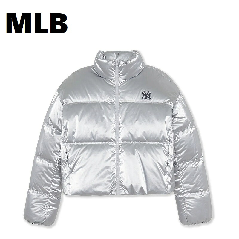 MLB（エムエルビー） Women's Crop Glossy Curve Padding NY (Silver) レディース クロップ 光沢 カーブパディング ダウンジャケット シルバー 韓国ファッション 限定品 人気 完売必須 ショート丈 アウター ユニセックス