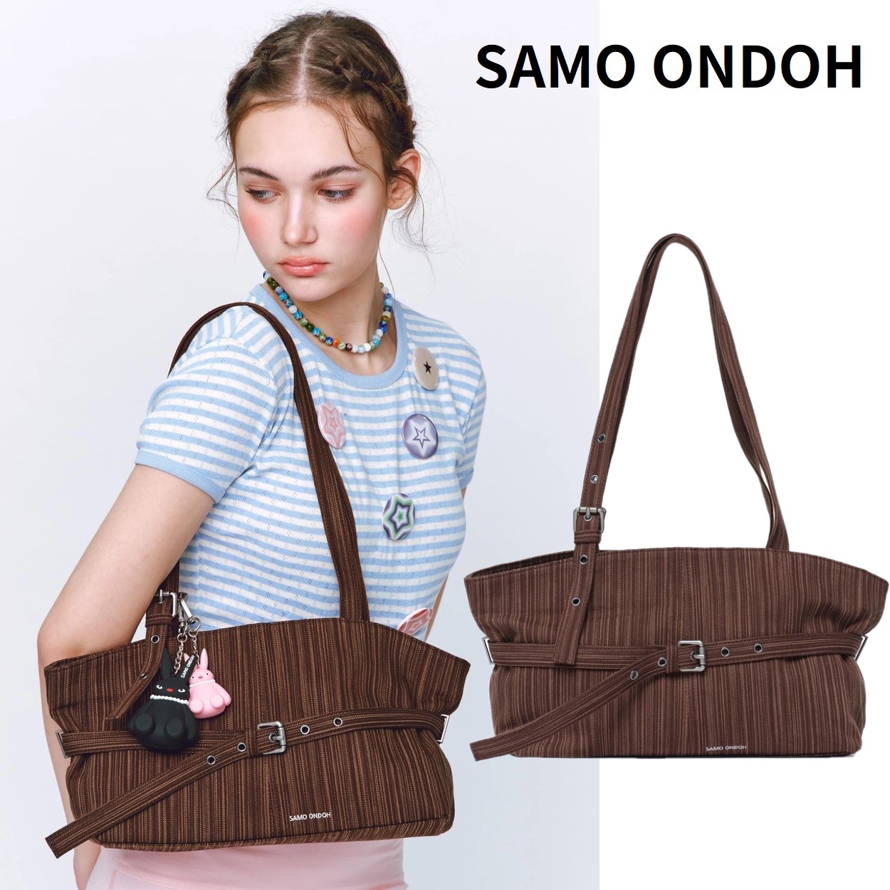 [SAMO ONDOH] le belt bag M stripe brown ストライプ ブラウン 韓国ファッション 限定品 人気 完売必須 バッグ・カバン ショルダーバッグ ベルトバッグ ユニセックス
