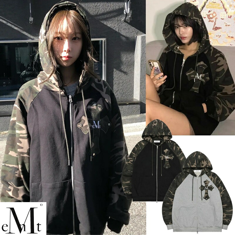 MUCENT（ムセント） Rivera Camo Cross Color-Block Raglan Zip-up Hoodie (2 Color) 韓国ファッション ストリート ユニセックス 人気 完売必須 アウター カモフラージュ 男女兼用 16,310円