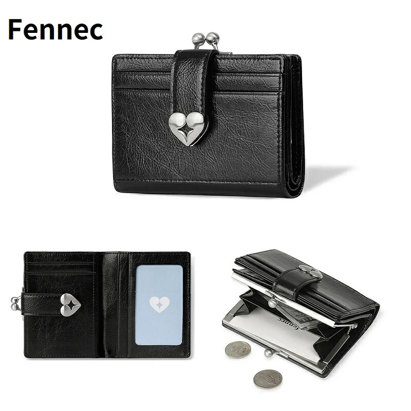 Fennec (フェネック) CRINKLE HEARTY FRAME BRIDGE WALLET - BLACK フェネック クリンクル ハーティ フレーム ブリッジ ウォレット ブラック 韓国ブランド 人気 完売必須 財布 二つ折り財布 がま口財布 クリンクルレザー ブラック レディース｜あさひみ