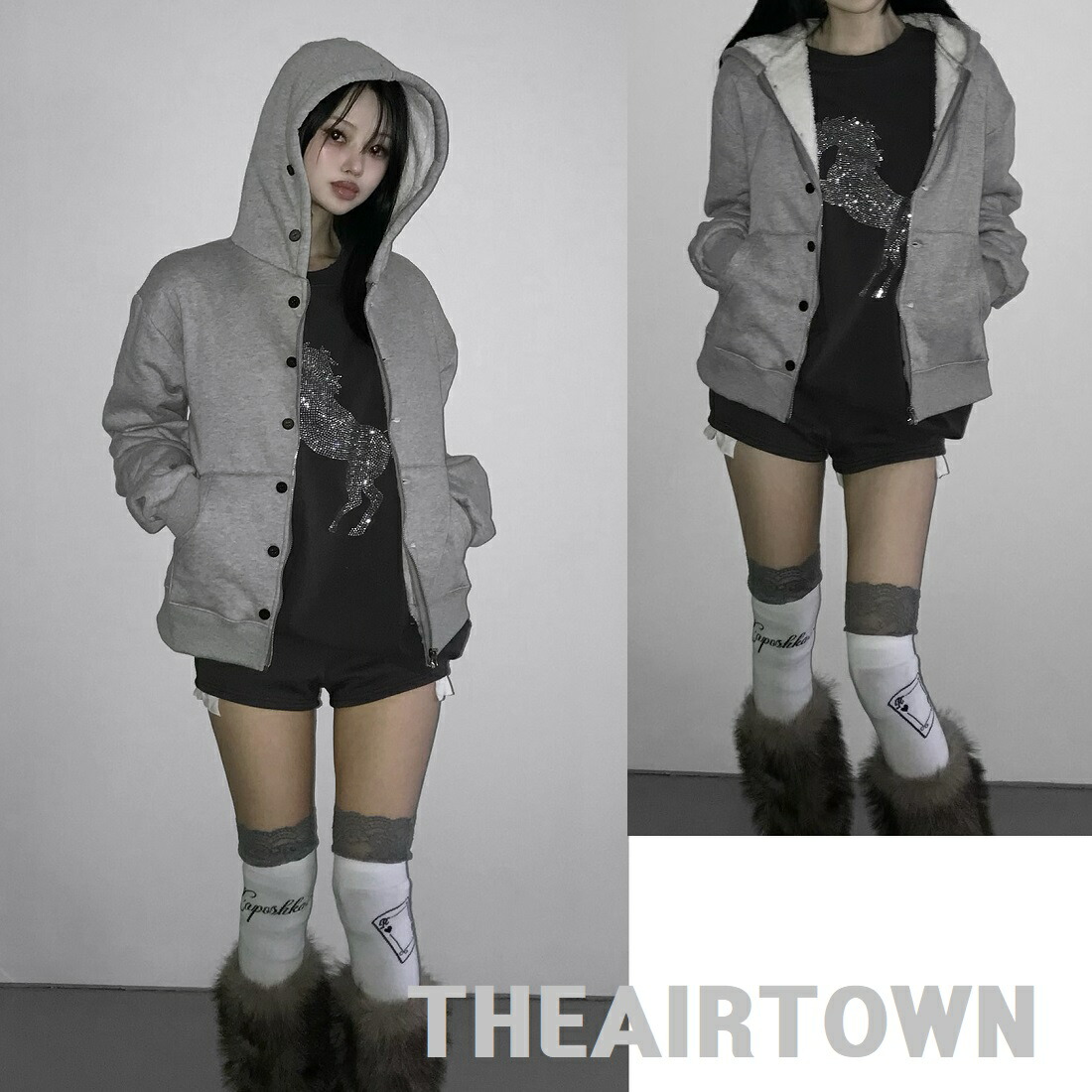 THEAIRTOWN (ジエアタウン) Button Up HZ Hoodie Zip-Up ジエアタウン ボタンアップ ハーフジップ フーディー ジップアップ 韓国ファッション 人気 完売必須 アウター パーカー フーディー ユニセックス ストリート カジュアル オーバーサイズ