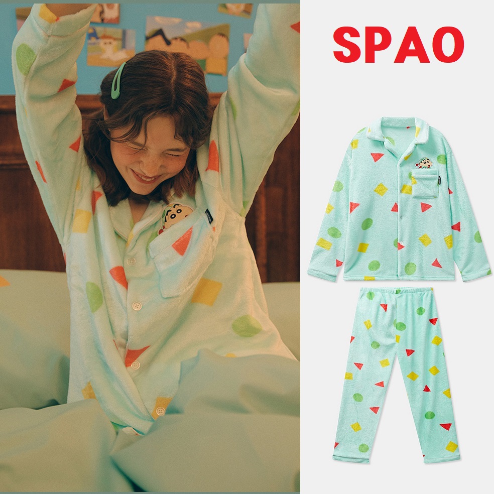 SPAO (スパオ) [Unisex] (Crayon Shin-chan) Good Night Shin-chan Fleece Pajamas (MINT) スパオ [男女兼用] (クレヨンしんちゃん) おやすみしんちゃん もこもこ パジャマ ミント 冬用 人気ルームウェア 韓国ファッション 人気 完売必須 パジャマ ルームウェア