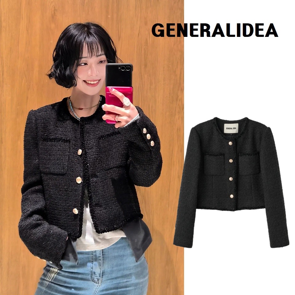 [GENERAL IDEA] (ジェネラルアイディア) Trimming Crop Tweed Jacket [BLACK] ジェネラルアイディア トリミング クロップ ツイード ジャケット [ブラック] 韓国ブランド トレンド ツイードジャケット クロップド丈 きれいめ フォーマル デイリー ブラック レディース