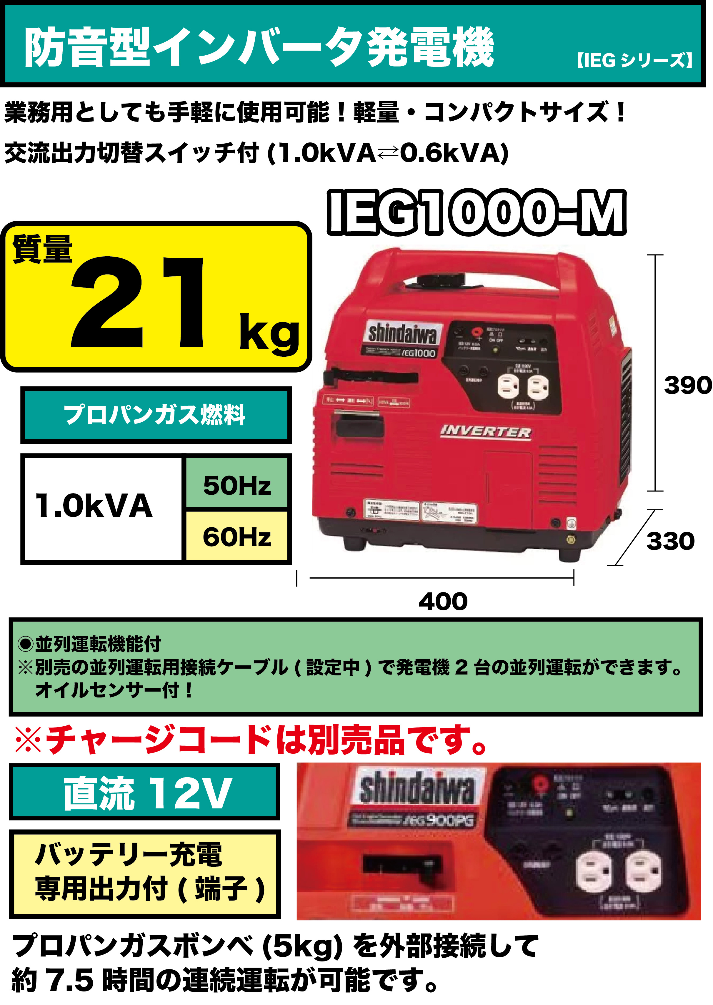 やまびこ 新ダイワ インバータガスエンジン発電機0.9kVA (IEG900PG-M