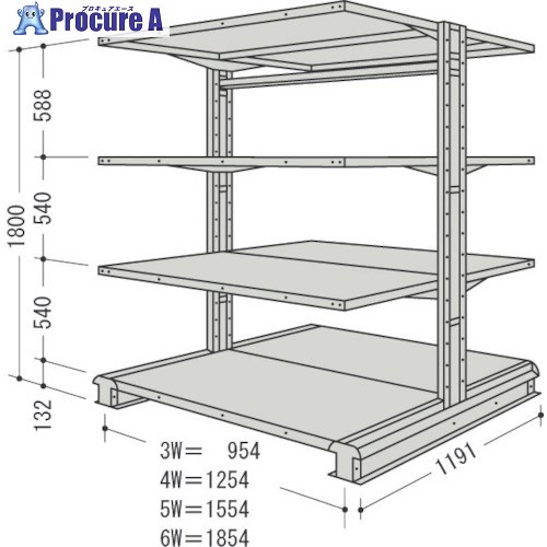 NF スチール製軽中量ボルトレス棚 キャンチラック複式増結1連 間口1854×奥行1191×高さ1800mm 150kg CR66L-W4B 1台 ■▼136-0265 【送料都度見積】