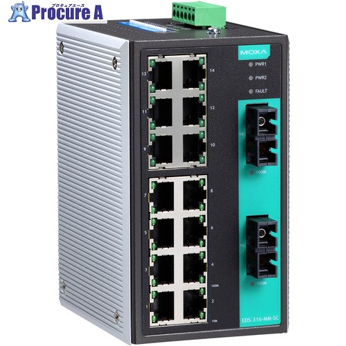 MOXA 16ポート(RJ45×14、シングルモードSCコネクタ(80km)×2) アンマネージド イーサネットスイッチ EDS-316-SS-SC-80 1個 ■▼168-5407 【送料都度見積】