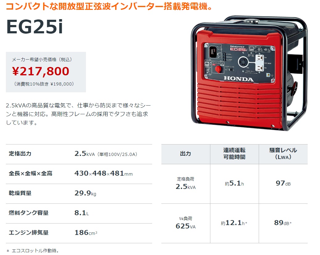 日本最大のブランド ホンダ発電機 EG25i JN 家庭用 インバーター YU501