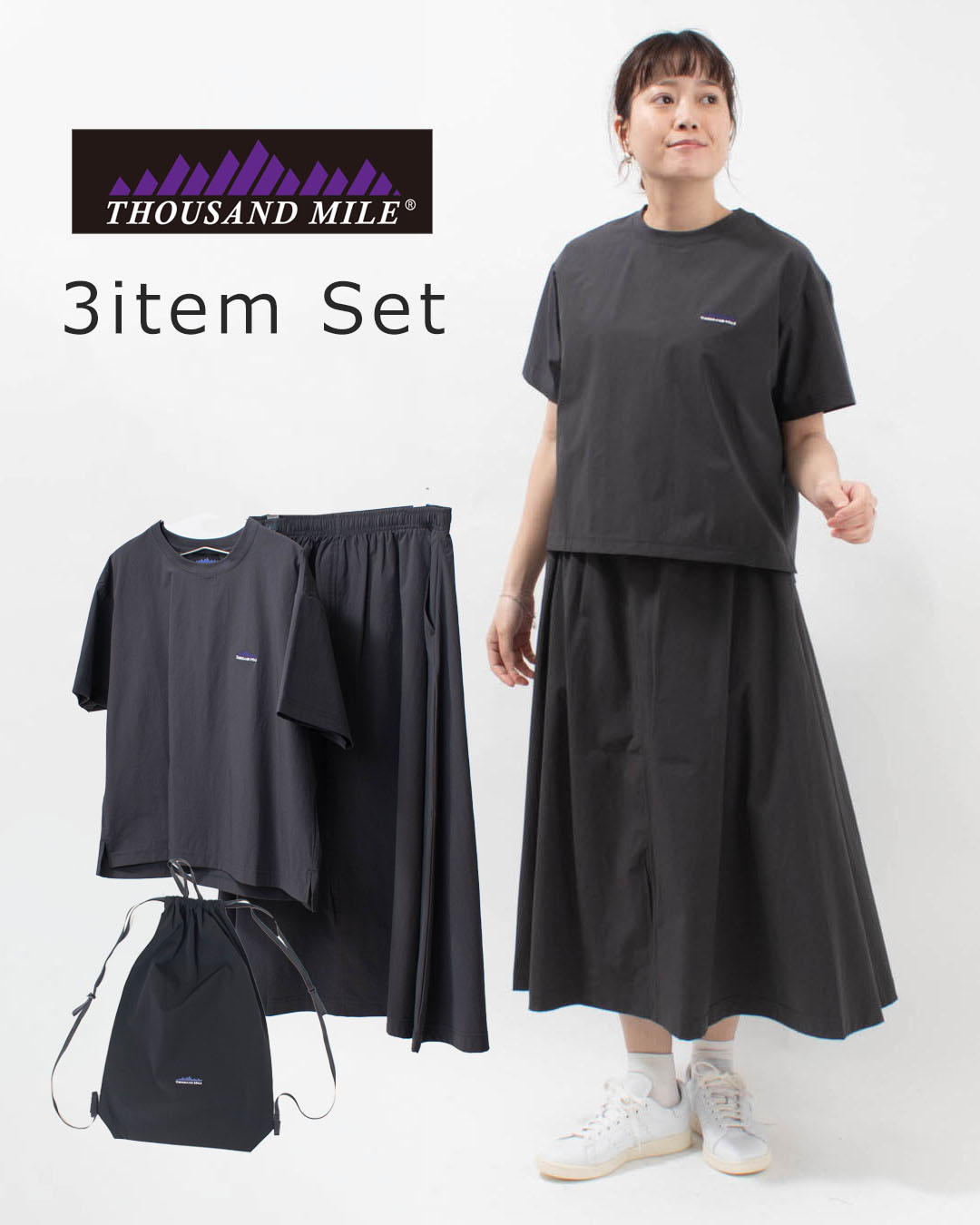 ■THOUSAND MILE サウザンドマイル SHORT SLEEVE T-SHIRT＆SKIRT SET TM261NP00032 レディース アウトドア セットアップ キレカジ 大人 おしゃれ カジュアル シンプル｜ＦＩＲＳＴ　店