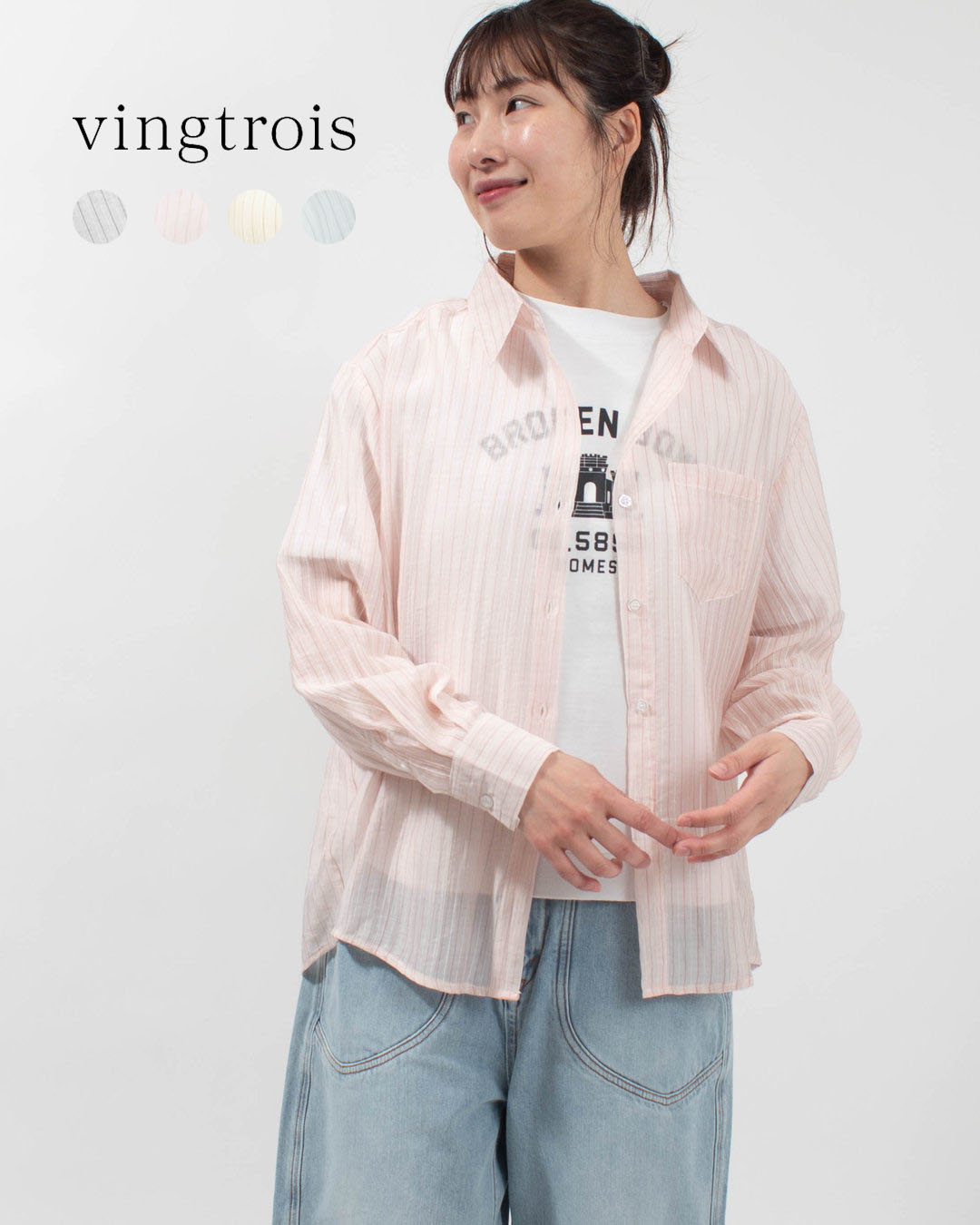 vingtrois ヴァントロア シアーストライプシャツ 293-35010 レディース シャツ ブラウス 羽織り 麻100% シアーシャツ ストライプ オーバーサイズ 夏 40代 50代