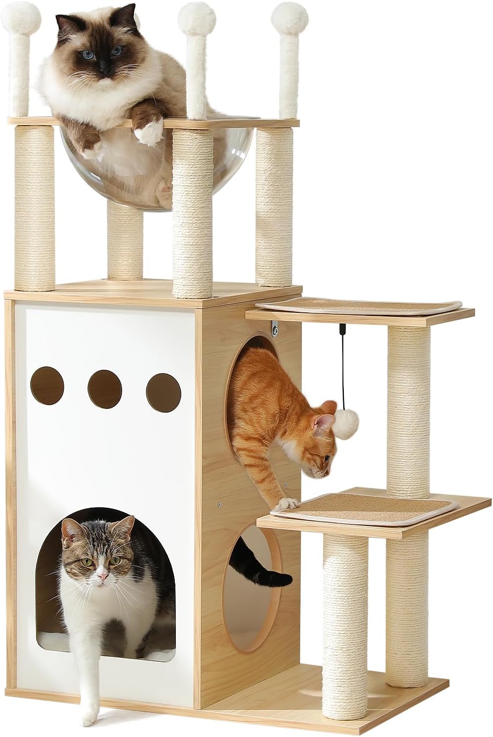キャットタワー 木製 宇宙船 据え置き シニア猫 子猫 透明ボウル 透明ハンモック 猫タワー 階段付き 爪研ぎポール 全面麻紐 猫ハウス 多頭飼い 運動不足解消 頑丈耐久 お手入れ簡単 - ベージュ 108cm S|アーサイト店