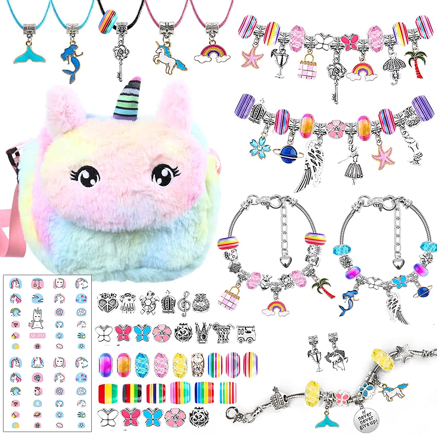 宝石おもちゃ アクセサリーキット チャーム ブレスレット ネックレス 作り DIY ビーズおもちゃ ユニコーン かわいい 斜めがけバッグ ネイルシール付き ひもとおしおもちゃ 手先訓練 女の子 おもちゃ クリスマス プレゼント 114PCS