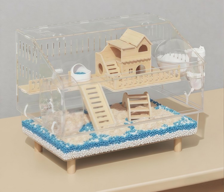 ハムスターケージ 透明 アクリル 2階建て 47x30x37cm ハムスターハウス 小動物 広い空間 持ち運びやすい 通気穴いっぱい お掃除しやすい 給水ボトル 組み お風呂 回し車