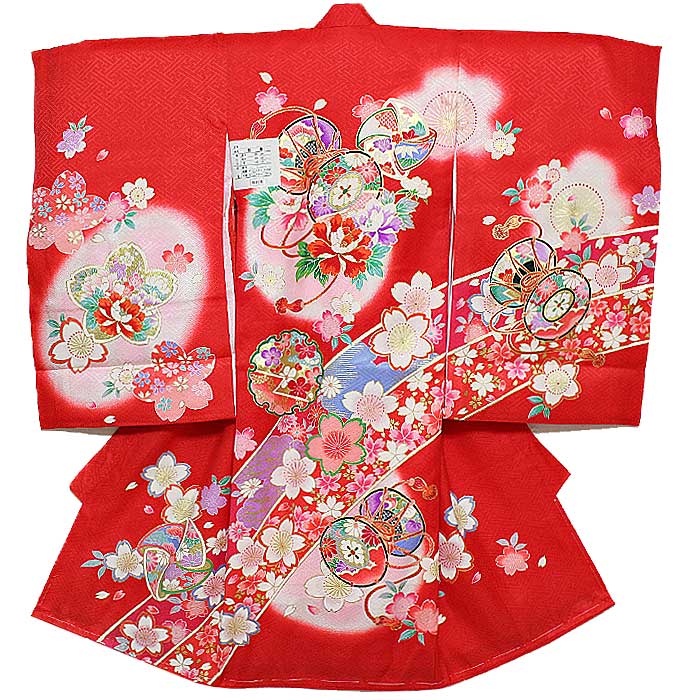 お宮参り 産着 女児 祝い着 桜 鼓 風車 赤 着物 お宮詣り のしめ 祝着 子供 女の子 七五三