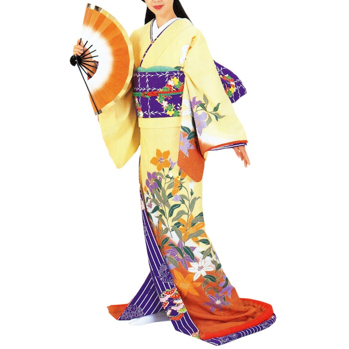 裾引き着物 帯付き 引き振袖 踊り着物 御所車に百花・お屋敷模様 黒色 刺繍 正絹