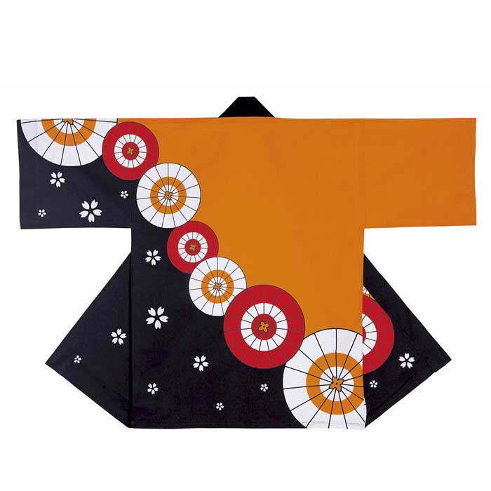 法被 半纏 橙 黒 傘 和傘 はっぴ ハッピ 祭 (o杉7507) よさこい 衣装 祭り まつり 大人 袢纏 取寄せ商品 1点までメール便可