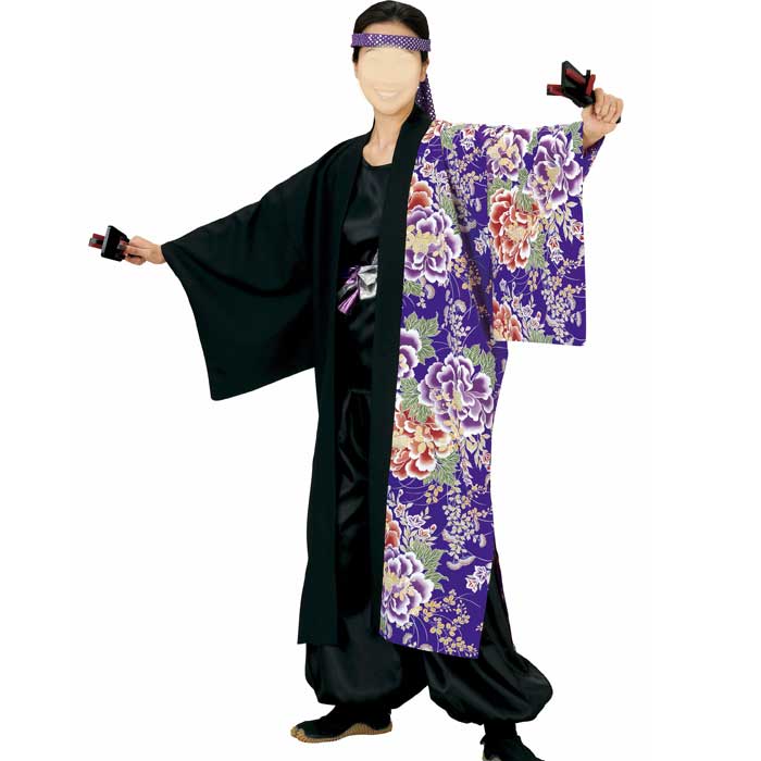 法被 ロング 長半纏 長い 黒 紫 牡丹 はっぴ ハッピ 祭 (o笹7903) よさこい 衣装 祭り まつり 大人 袢纏 取寄せ商品