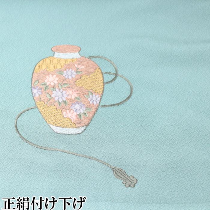 売れ筋介護用品も！ 着物 付け下げ 正絹 刺繍 錆浅葱色地 茶道具 仮絵