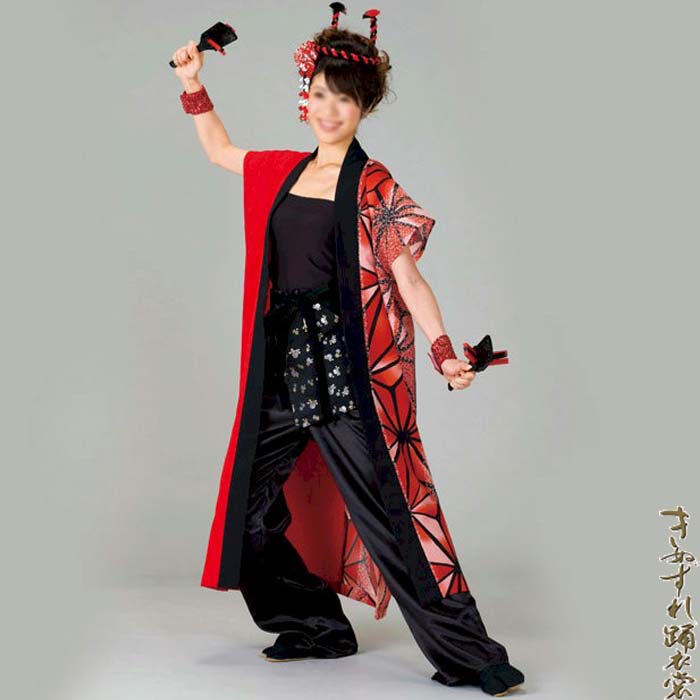 よさこい 衣装 赤 黒 麻の葉 メンズ レディース 袖なし袢天 k在60088 コスチューム 祭り 衣裳 取寄せ商品