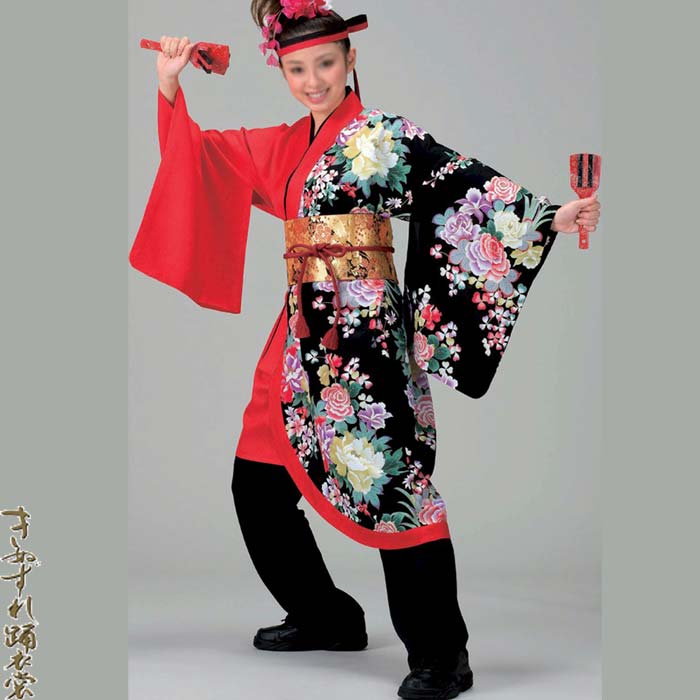 よさこい 衣装 黒 赤 花柄 レディース 打合せ袢天 k坊60107 コスチューム 祭り 衣裳 取寄せ商品｜浅草きもの市