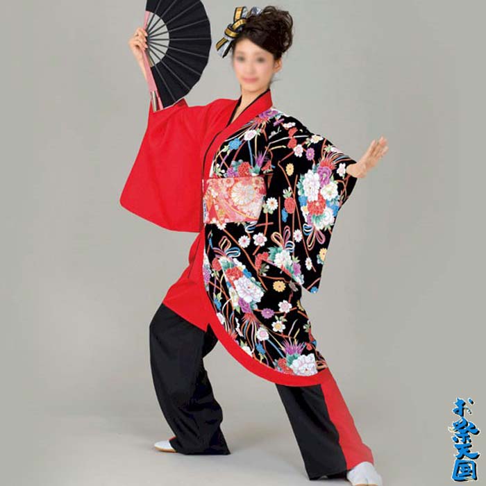 よさこい 衣装 赤 黒 花柄 打合せ袢天 レディース k門60116 コスチューム 祭り 衣裳 取寄せ商品｜浅草きもの市