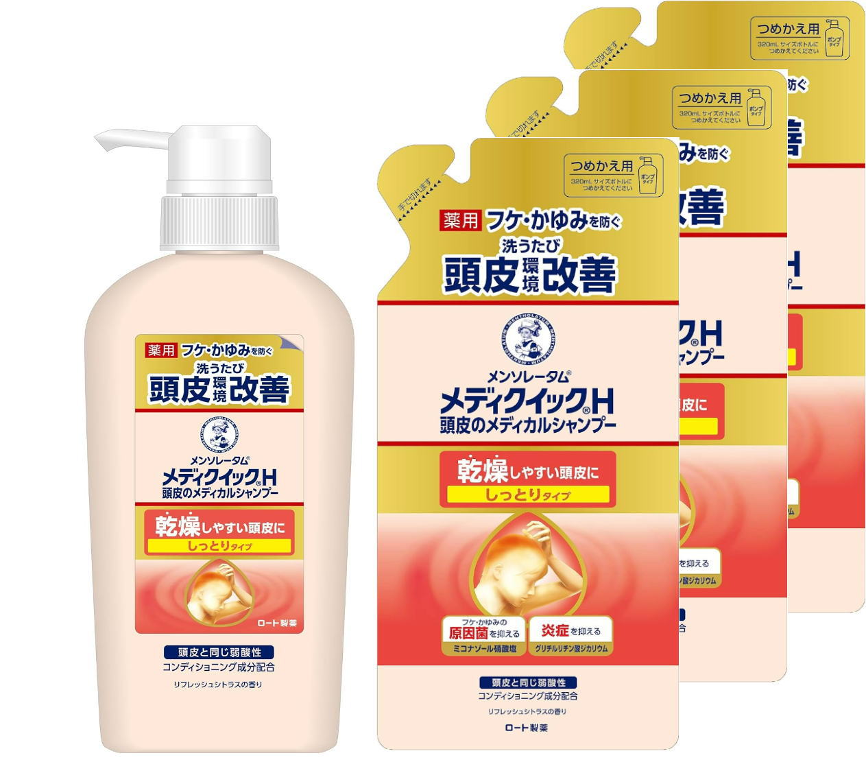 【医薬部外品】ロート製薬 メンソレータム メディクイックH 頭皮のメディカルシャンプー しっとり 本体320ml＋つめかえ用280ml×3個セット【送料無料】