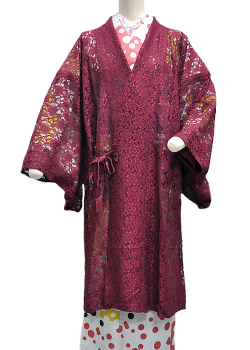 女物　広衿　レース　単衣 お洒落コート　-臙脂色-　[ 1604-1991 ]　仕立上がり 既製品 街着 お洒落着 ポリエステル ひろえり 女性 レディース ひとえ 赤 えんじ ギフト プレゼント 贈り物 おしゃれ 和 花柄｜和-closet 浅野屋呉服店