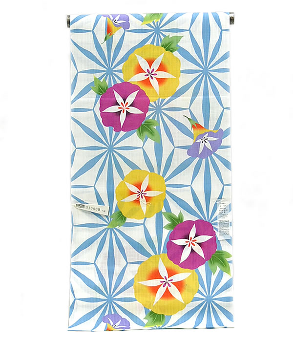 女物 Vivi ゆかた 反物 朝顔 麻の葉 ホワイト 青地 1705 2337 未したて物 浴衣 フルオーダー ご注文 嚊左衛門 レディース たんもの 頂点火 おフェスティヴァ 九夏 日本製 ヴィヴィ 綿織物 めん あさのは 花 あさがお 連盟造り 水色 紫 橙黄色 お洒落 御洒落