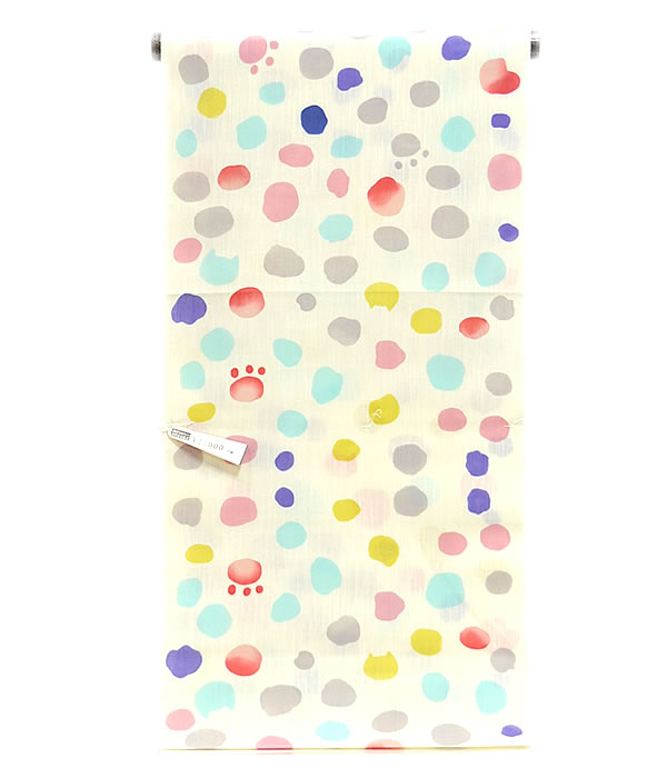 女物　tsumori chisato　注染 ゆかた 反物　-水玉/薄黄色系地-　[ 1804-2689 ]　 未仕立 浴衣 誂え フルオーダー 女性 ツモリチサト つもりちさと 津森千里 綿 めん コットン 花火 はなび お祭り 夏 なつ 日本製 水玉 ドット ねこ ネコ 猫 キャット 赤 紫 青 水色 ピンク｜和-closet 浅野屋呉服店