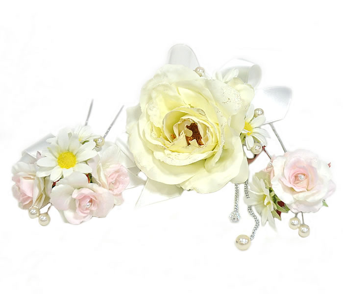 振袖用　髪飾り　3個セット　-薔薇・リボン/白・ピンク系- 　[ 0908-008 ] 　ヘアーアクセサリー 着物 きもの ふりそで 成人式 晴れ着 パーティー ばら バラ マーガレット 花 垂れ飾り 洋風 女物 女性 レディース 子供 キッズ 女の子 七五三 シルバー 黄色 ラメ｜和-closet 浅野屋呉服店 8,250円