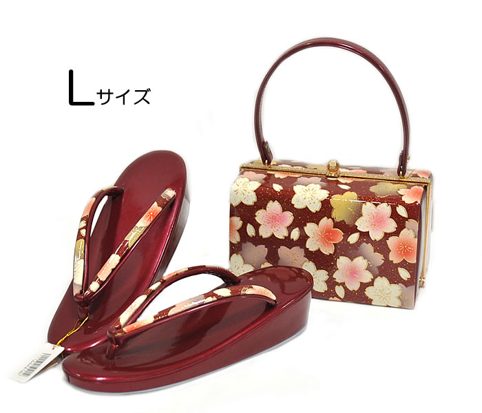 振袖用 草履 成人式 着物 -さくら 臙脂 きもの Lサイズ バッグセット ゴールド系- 0702-174 ふりそで 振袖用 草履 成人式 Lサイズ -さくら 臙脂 きもの 着物