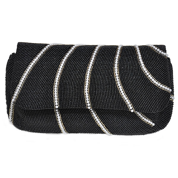女物　花しおり　ビーズ　2way クラッチバッグ　-黒-　[ 1611-2182 ]　　ギフト プレゼント 贈り物 着物 きもの ガラスビーズ 女性 レディース チェーン 日本製 パーティー 訪問着 色無地 手持ち ブラック お洒落 おしゃれ 白 ゴールド ブラック ギフト プレゼント 贈り物