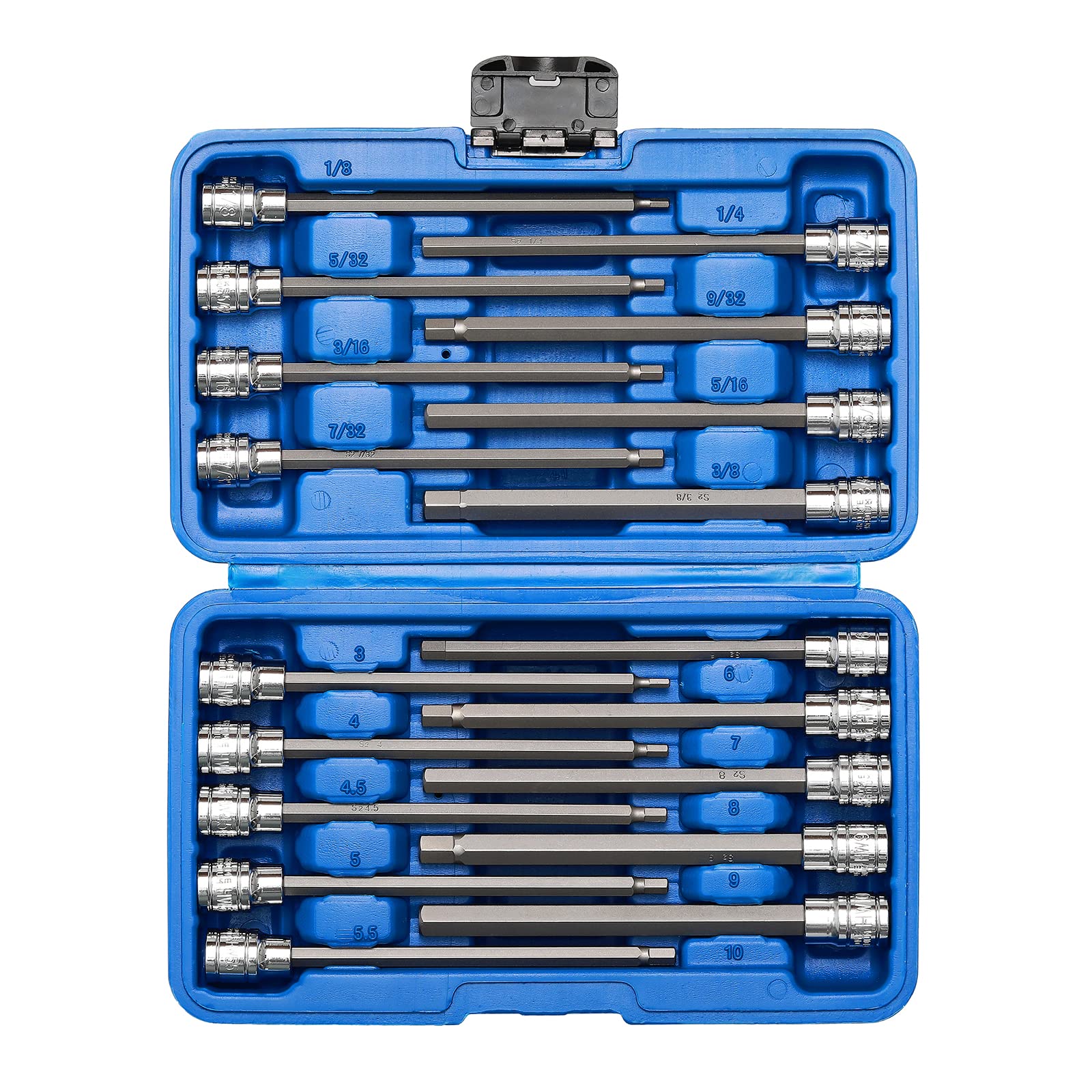 18個 3/8インチドライブロング六角ビットソケットセット CR-V S2スチール SAE/メトリック エクストラロングアレン六角ビットソケットセット 1/8インチ - 3/8インチ 3mm - 10mm