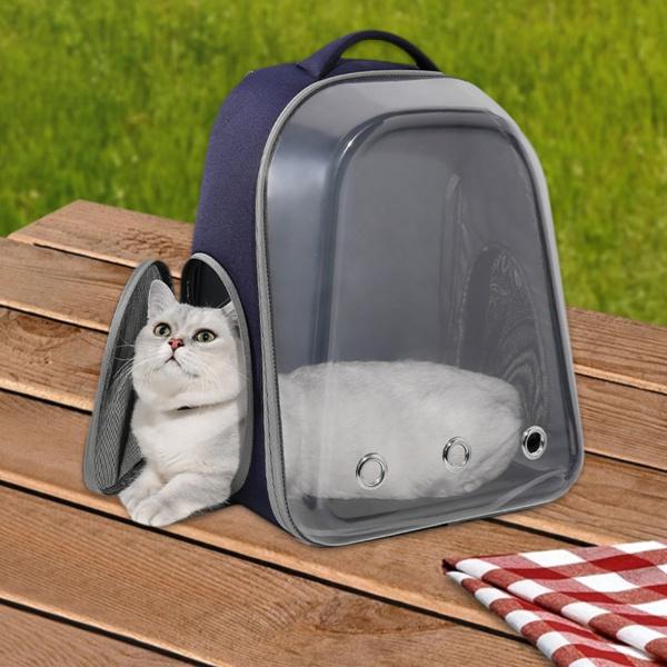 ポータブルペットキャットドッグキャリアバックパック透明通気性バッグダークブルー