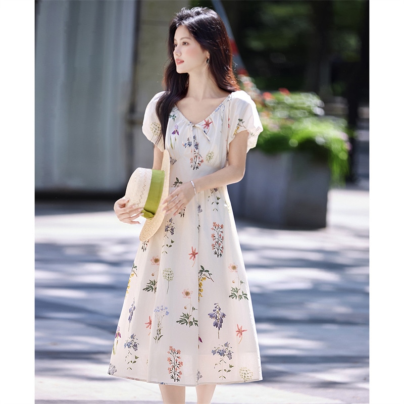 花柄ロングVネックプリントドレス ワンピース-レディースファッション
