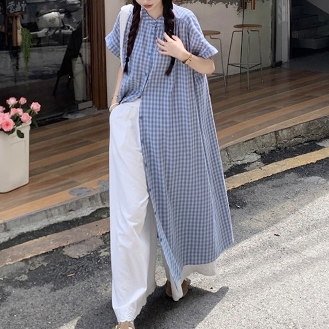 春/夏衣装、照合のしるし柄、労働者の一団素っ首、半袖、名取り草色つや、真っただ中丈、A伝達ルート、ゆったり相応う、か細い相応う、夏、青み、心地好い、今めかしい、可愛らしい、韓国風、レディース