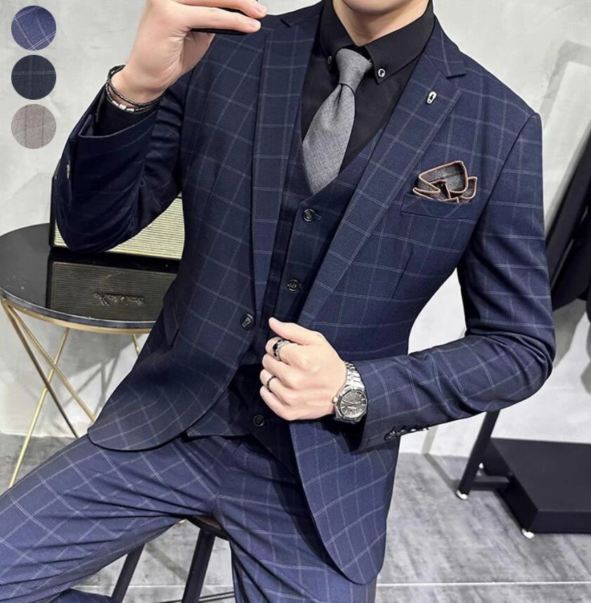 フォーマルスーツ 紳士服 スリムスーツ メンズスーツセット ビジネススーツ スリーピース スーツ チェック柄 シングルスーツ セットアップ ジャケット+パンツ+ベスト 3ピーススーツ 結婚式ス|Asap店