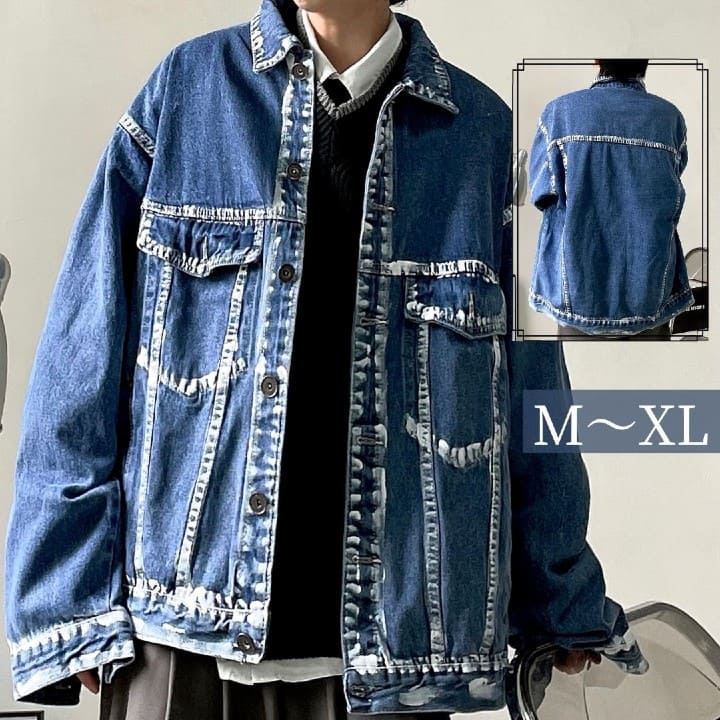 デニムジャケット メンズ ステッチデザイン ダメージ加工 長袖 アウター 秋春 ルーズ ジャケット 高校生 学生 おしゃれ｜Asap店