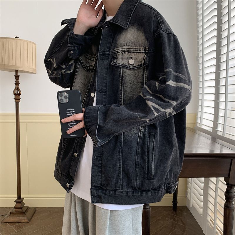グラデーションデニムジャケットメンズ春と秋のレトロなルーズウォッシュ服ワークウェアジャケットコート デニムジャケット|Asap店