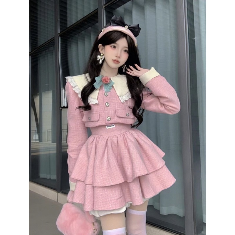 寄りあいお召しもの 青写真感 あるキルティング遊撃手丈厚地の外套+酉の方角 小っちゃいスコートが好いたらしいサクラ色 背広